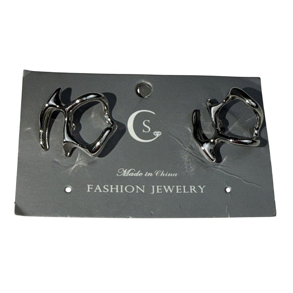 Y2K Silver Abstract Melted Metal Stud Earrings Modern Sculptural Blob Style NWT